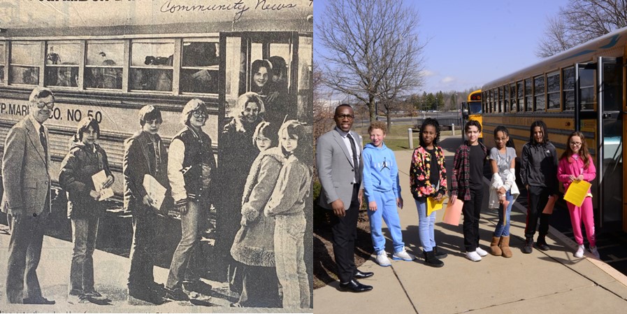 Photo of students in 1979 and in 2023 as they tour the middle school they will attend in the fall